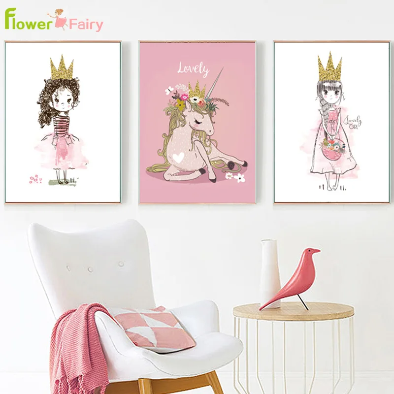 Розовая детская комната для девочек скандинавский постер принцесса единорог