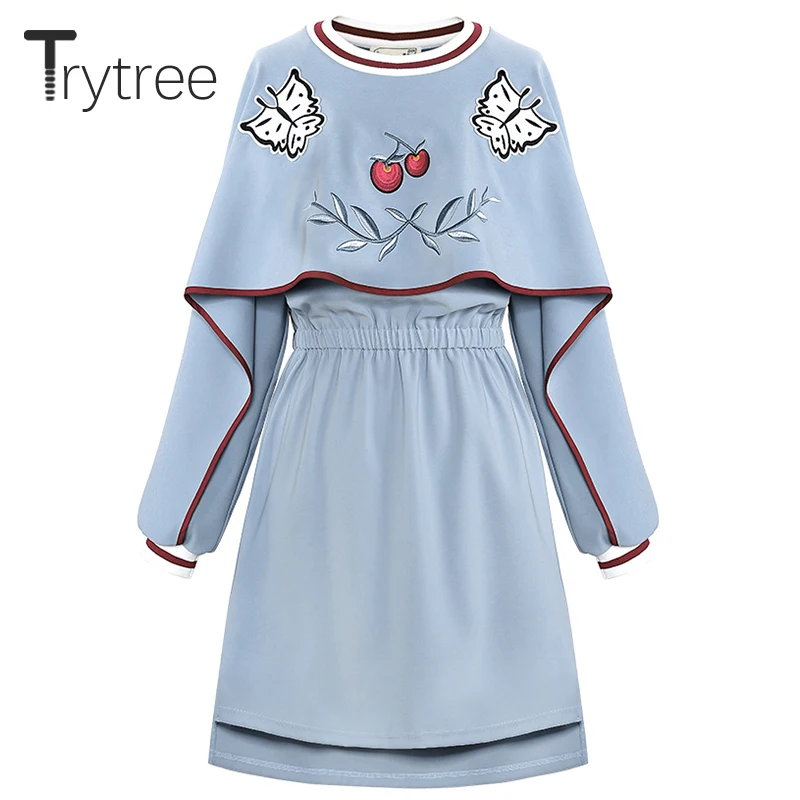 Trytree платье осень бабочка Вышивка женское летучая мышь рукав o-образным вырезом платья выше колена повседневное полиэфирное прямое платье