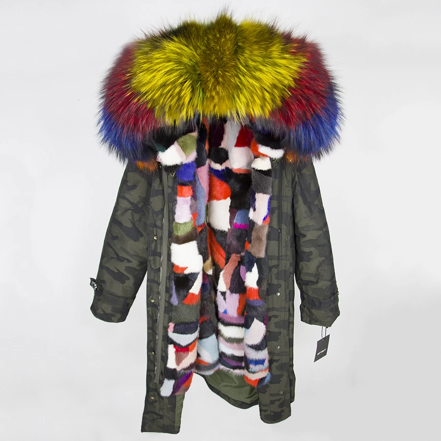 green Camouflage 4 OFTBUY X-длинная Камуфляжная парка, пальто с натуральным мехом, зимняя женская куртка, большой воротник из натурального меха енота, капюшон, подкладка из натурального меха норки - Цвет: green Camouflage 4