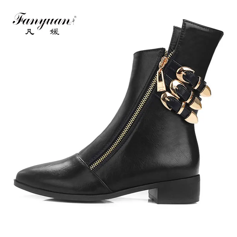 

Fanyuan Fashion Metal Buckle Ankle Boots Women Winter Short Plush Shoes Pointed Toe Motorcycle Boots Autumn Low Heel Solid Boot