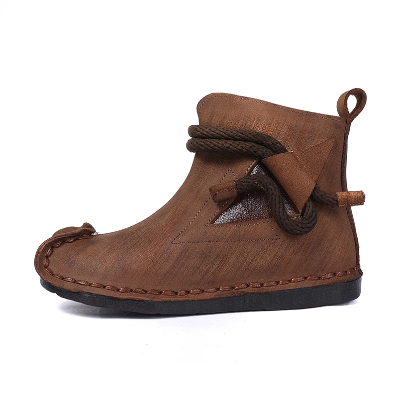 

2018 VALLU New Original Vintage Shoes Women Ankle Boots Genuine Leather Hand Sewing Side Zipper Soft Comfort Ladies Flat Boots