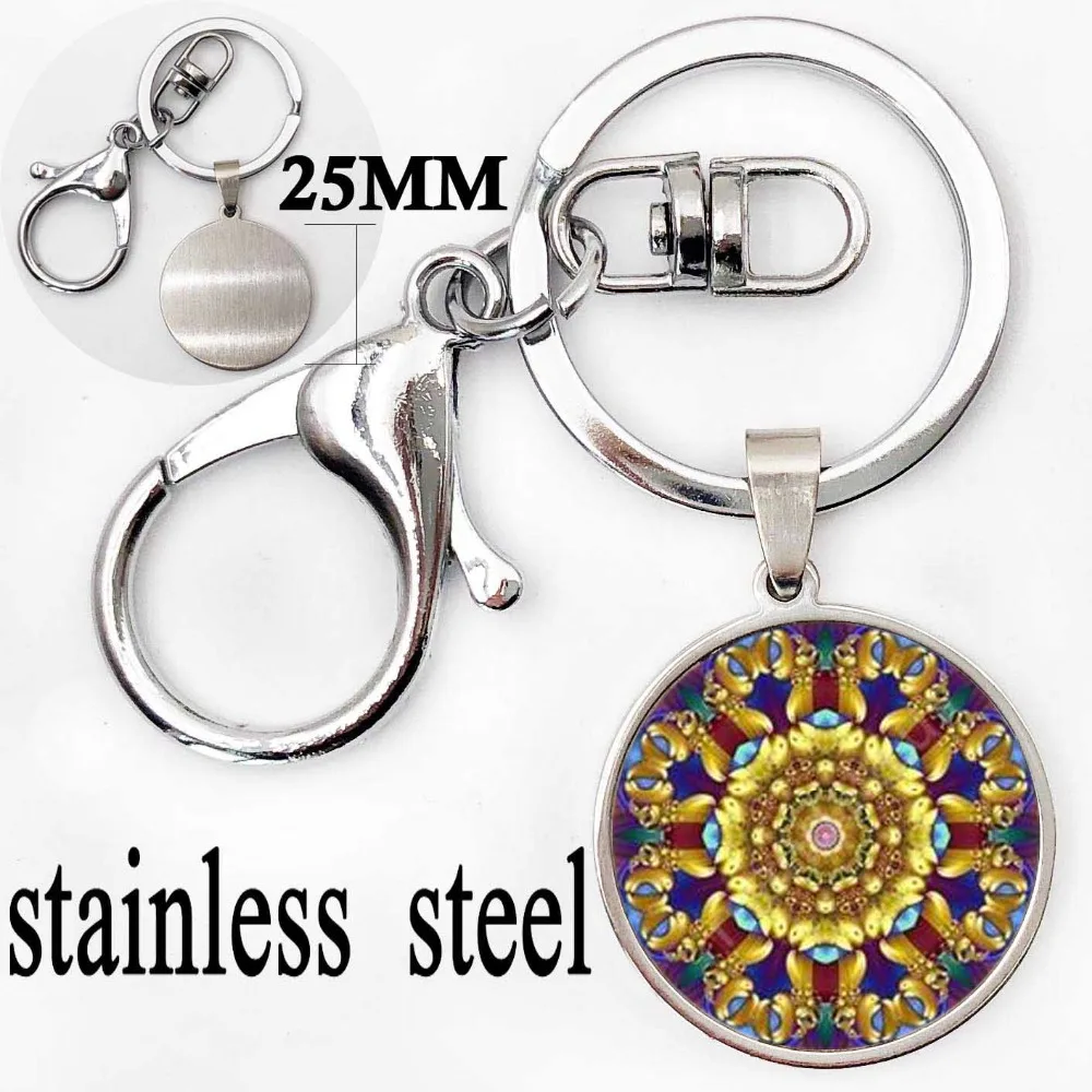 Fashion High Quality Keychain Glass Yoga Pattern Key Chain Mandala Handmade Art ring India Women Religious Jewelry | Украшения и