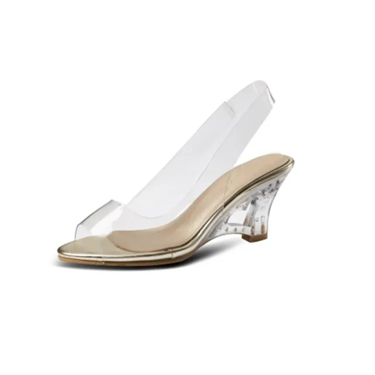 Женские босоножки модные однотонные открытый носок мелкой Slip-On обратно ремешок клинья каблуки с узором прозрачная обувь золото зеленый красный серебряные каблуки - Цвет: Gold