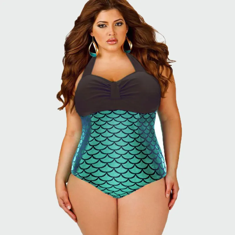 Русалка Цельный с рисунком купальник женский большой размер бандо купальный