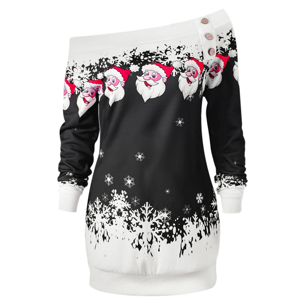 Wipalo Hotsale T Shirts Santa Claus Snowflake Skew Neck Pullover Christmas Shirt Jumper Outerwear Autumn Women Button Tops|button top|christmas t
