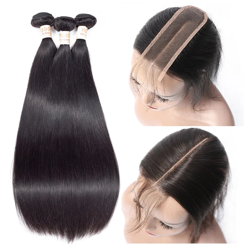 Мобок прямые пучки с кружевом бразильские волосы с закрытием переплетения пучки с закрытием человеческие волосы пучки с 2*6 закрытие remy волосы