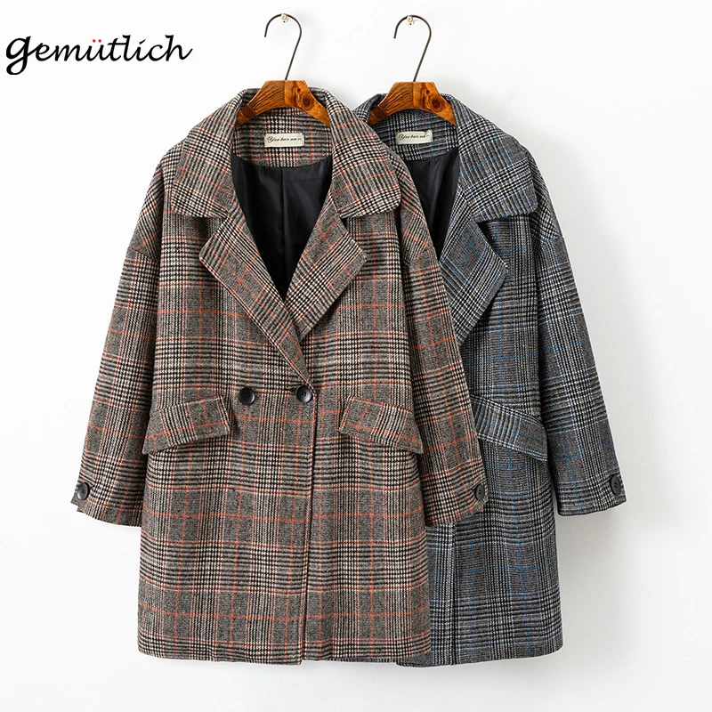 

GEMUTLICH Women Vintage Plaid Wool Jacket Elegant Autumn Winter Outwear Loose Free Coat Over Size 3XL 5XL