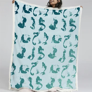 BlessLiving Seashell Throw Blanket Conch and Mermaid Plush Bedspread Watercolor Custom Blanket Blue Green Furry Blanket Cobertor 2