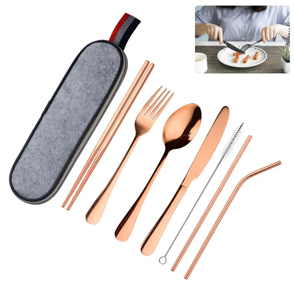 8Pcs Portable Flatware Stainless steel Spoon Chopsticks Cleaning Brush Set Silverware Travel Utensils Set with Case Straw