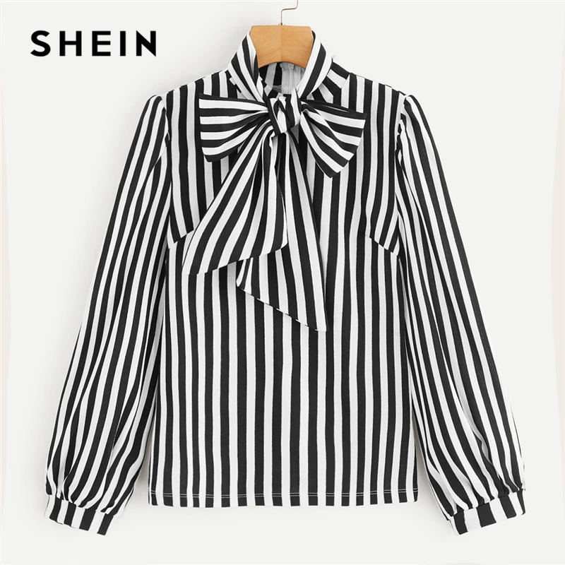 SHEIN элегантный черный и белый стоячий воротник галстук шеи полосатый топ Женская Осенняя однотонная рабочая одежда выходные повседневные минималистичные блузки