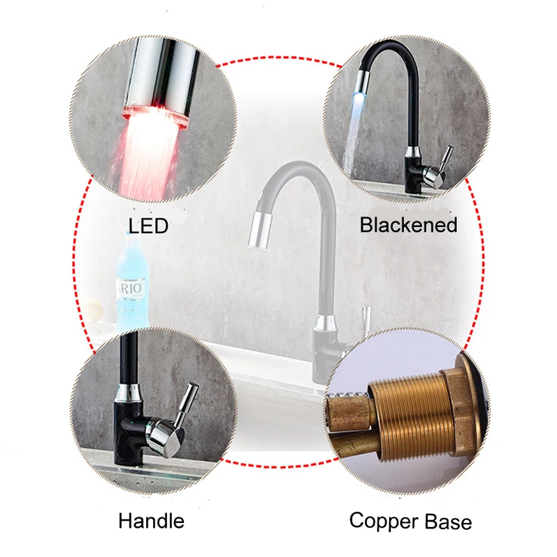 Кухонный Смеситель Из Черной латуни светодиодный подсветкой смеситель для