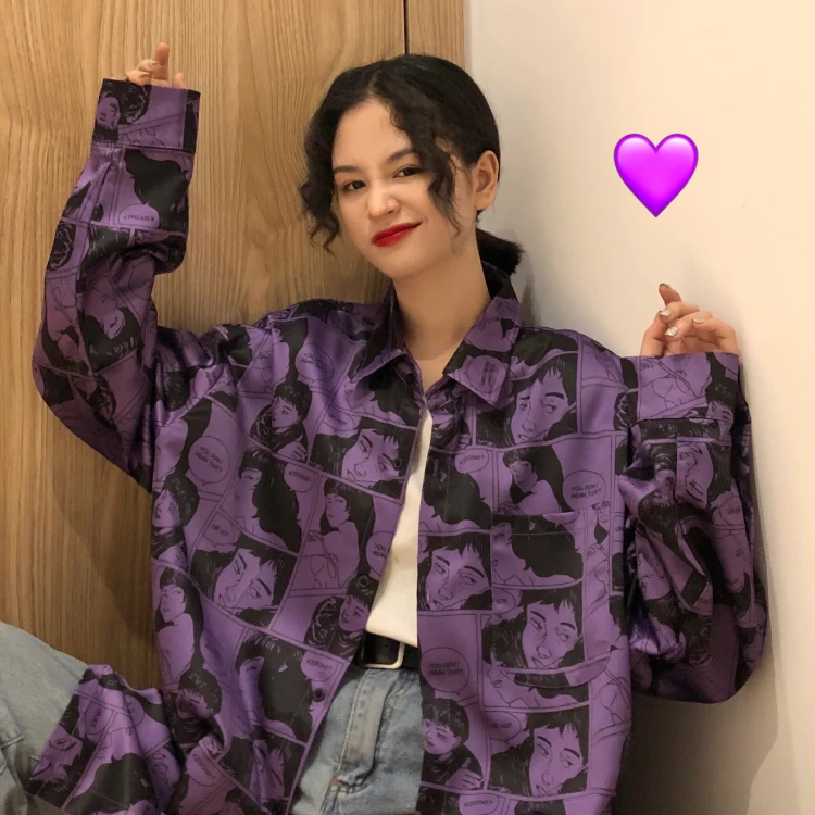 Новинка, Harajuku Ulzzang, рубашка, японский бойфренд, свободная, Ретро стиль, с принтом, длинный рукав, женские рубашки поло, рубашки в стиле хип-хоп