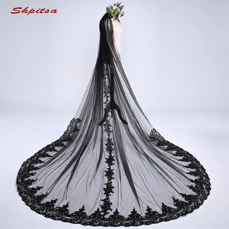 Black Lace Long Cathedral Wedding Veil 3 m Vail One Layer Bride Bridal Veils Metry | Свадьбы и торжества