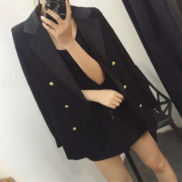 Женский блейзер двубортный Chaqueta офисный женский нагрудный с длинным рукавом модный тонкий пиджак на пуговицах черное пальто плюс размер 5XL