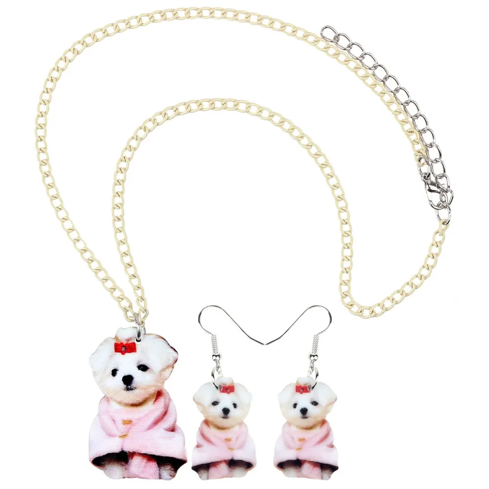 Bonsny Acrylic Jewelry Sets Cute West Highland White Terrier Necklace Earrings Fashion Pendant For Women Girls Gift Accessories | Украшения