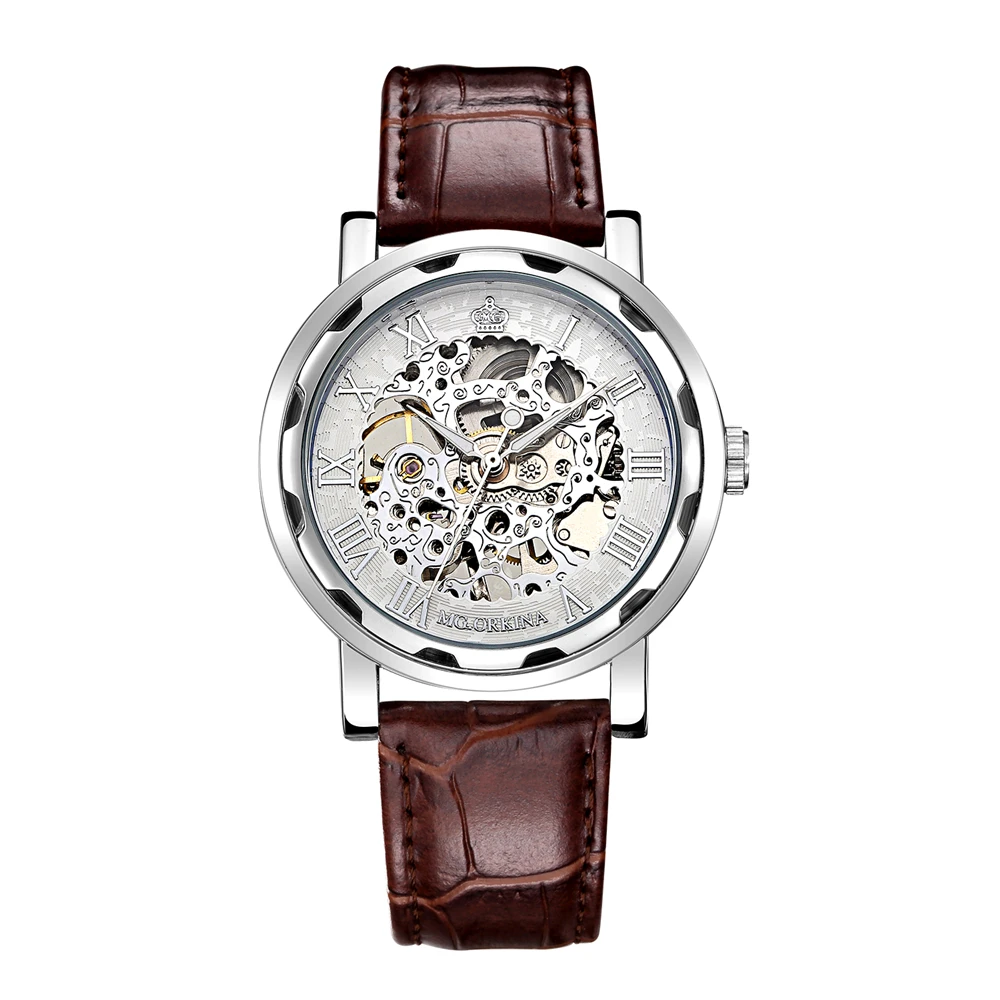 Мужские наручные часы с кожаным ремешком роскошные золотые механические в стиле