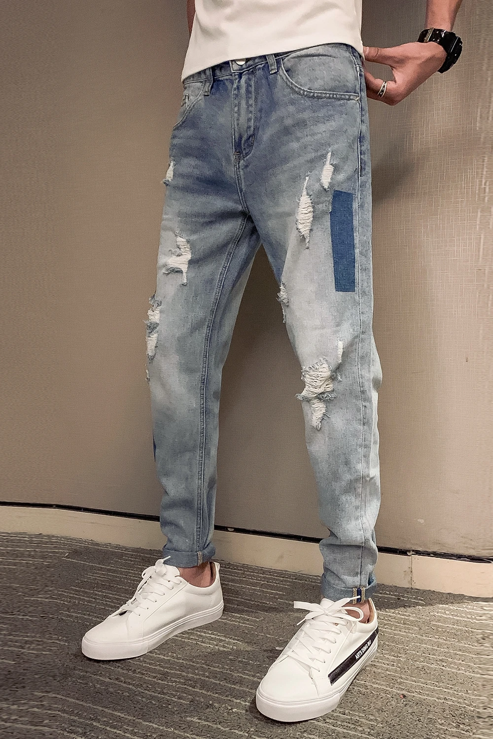 Новинка 2019 мужские волнистые брюки с отверстиями для ног Корейская версия модных