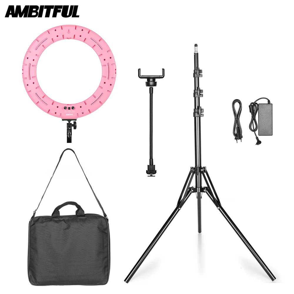 18" 60W LED Ring Light Annular Lamp Bi-color 3000K-6000K Ring Lamps with Light Stand for Video YouTube Ringlight Makeup Light - Color: Pink