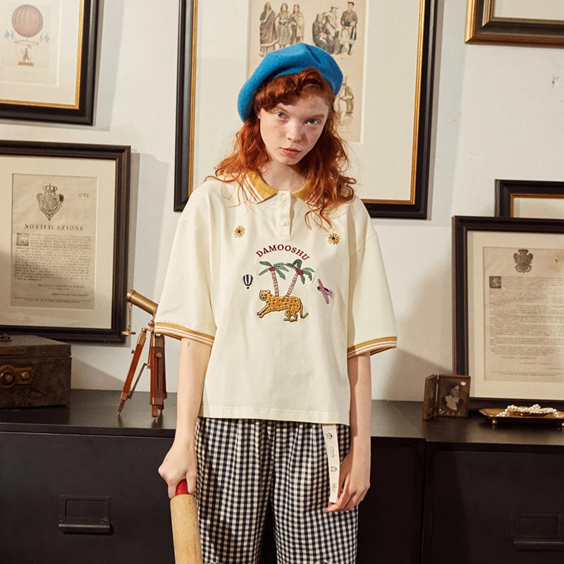 Original Design Women Summer Cotton T-shirt High Quality Wild Leopard Embroidery Turn Down Collar Lady White Tee Shirt Top Loose | Женская