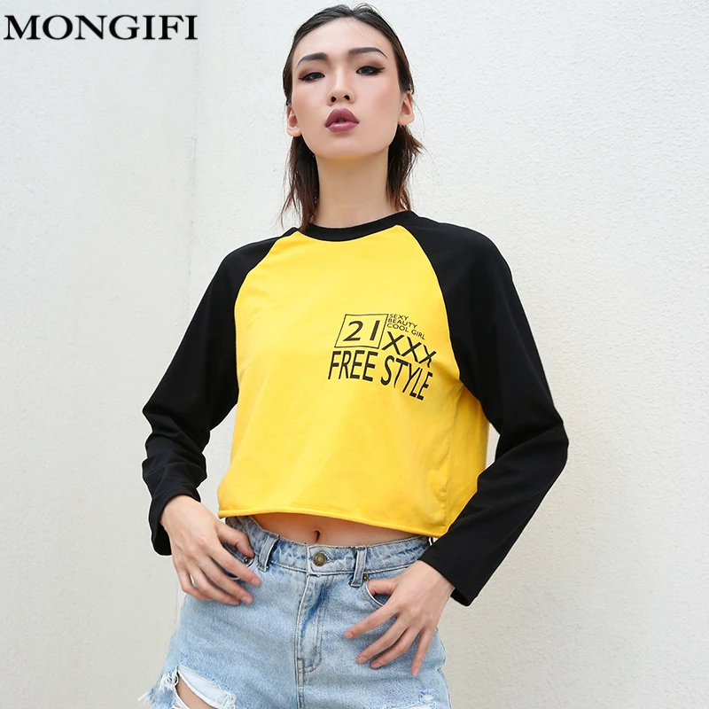 MONGIFI письмо хлопок Повседневная футболка Для женщин с длинными рукавами круглым