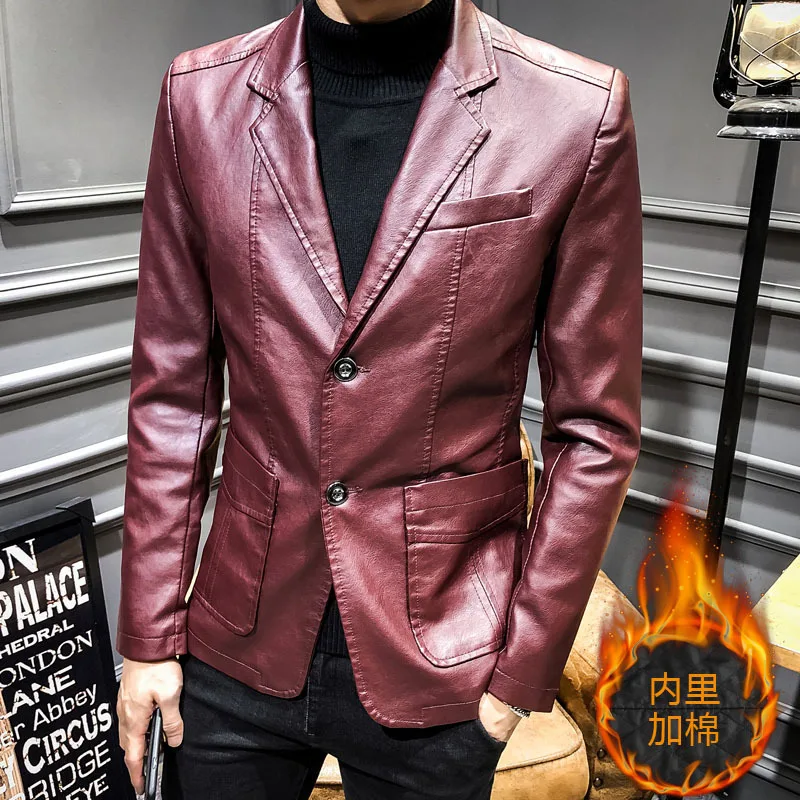 

Autumn and winter new solid color slimming lapel pu leather men casual fashion leather jacket