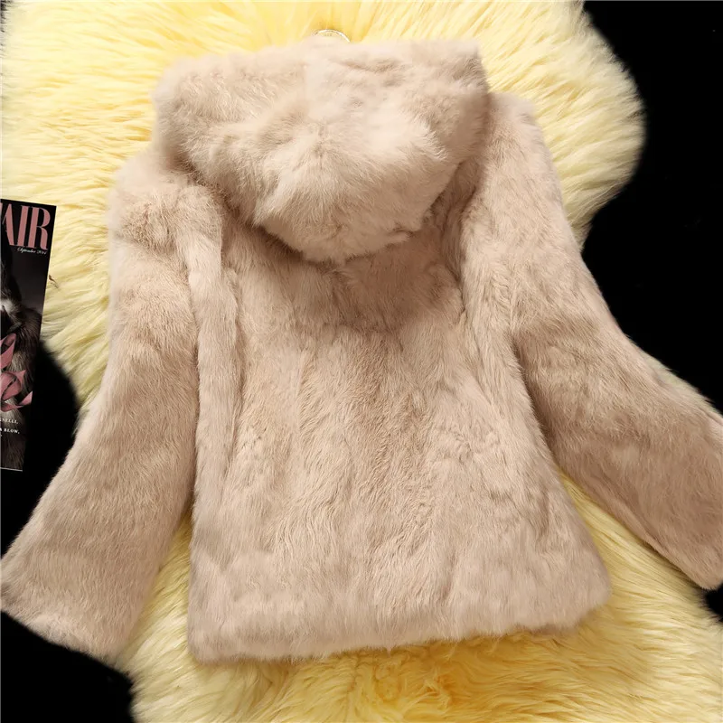 

Пальто с капюшоном из натурального кроличьего меха, верхняя одежда для женщин, женская меховая куртка из цельной кожи, женское меховое паль...
