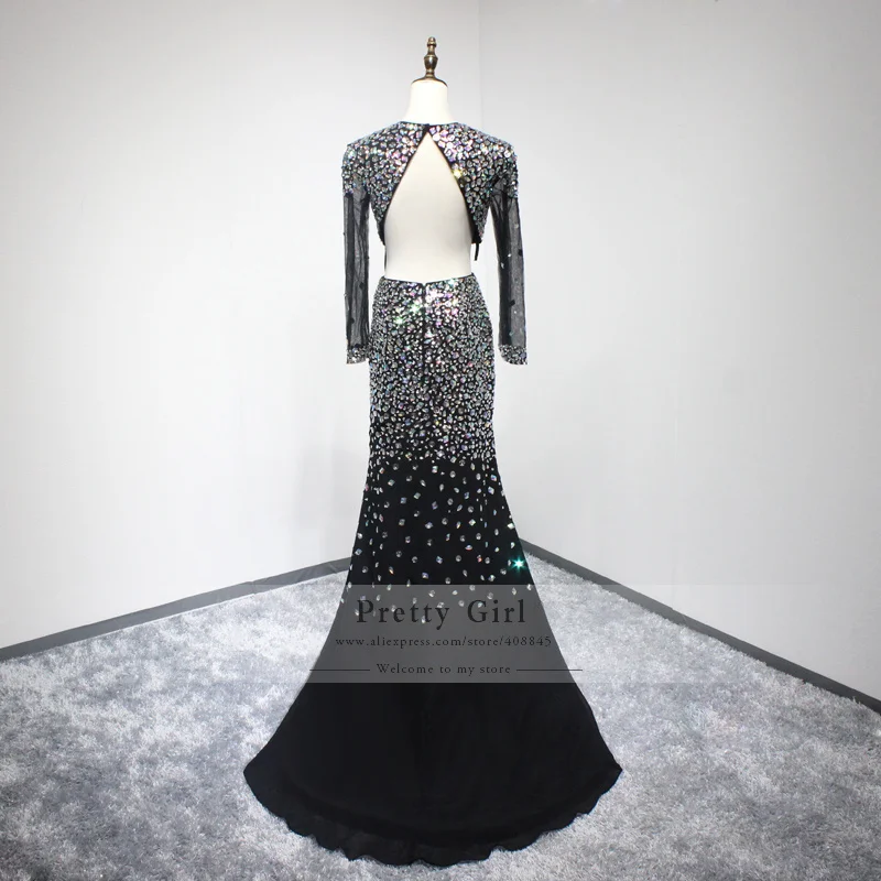 Sheer Длинным Рукавом Кристалл Полностью Бисероплетение Черный Шифон Русалка