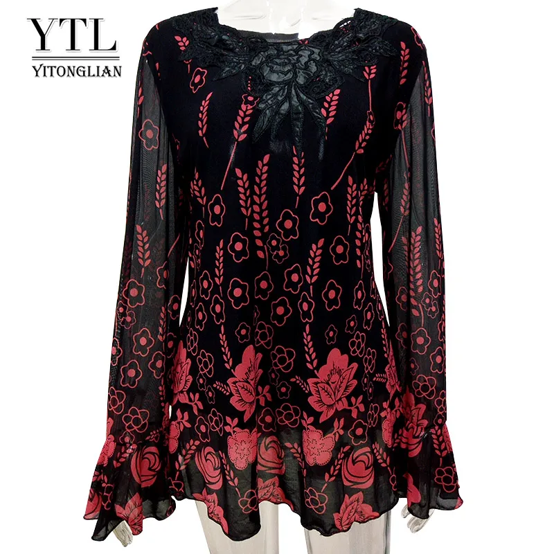 Black and Red YTL Женские топы и блузки с аппликацией «кроше», осенняя Женская туника с длинным рукавом в винтажном стиле с цветочным принтом, топы, рубашка 6xl 7xl 8xl H028 - Цвет: Black and Red
