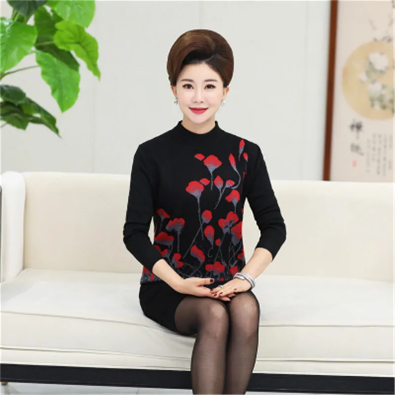 elegant black Трикотажная нижняя рубашка, пуловер, свитер, Осень-зима, женский джемпер, для среднего возраста, для мамы, расклешенный, с цветочным принтом, женский трикотаж, топы, XH992 - Цвет: elegant black