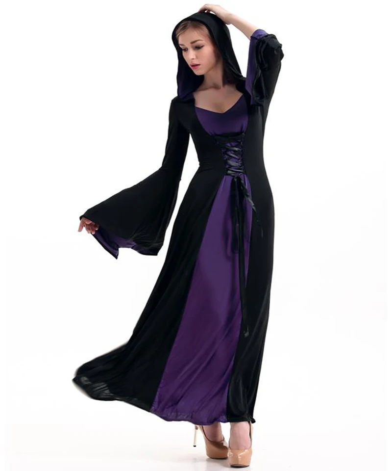 

Deluxe Wicked Queen Costume Adult Witch Evil Sorceress Cosplay Dress 3 Colors Halloween Fancy Hooded Floor Length Dress A416506