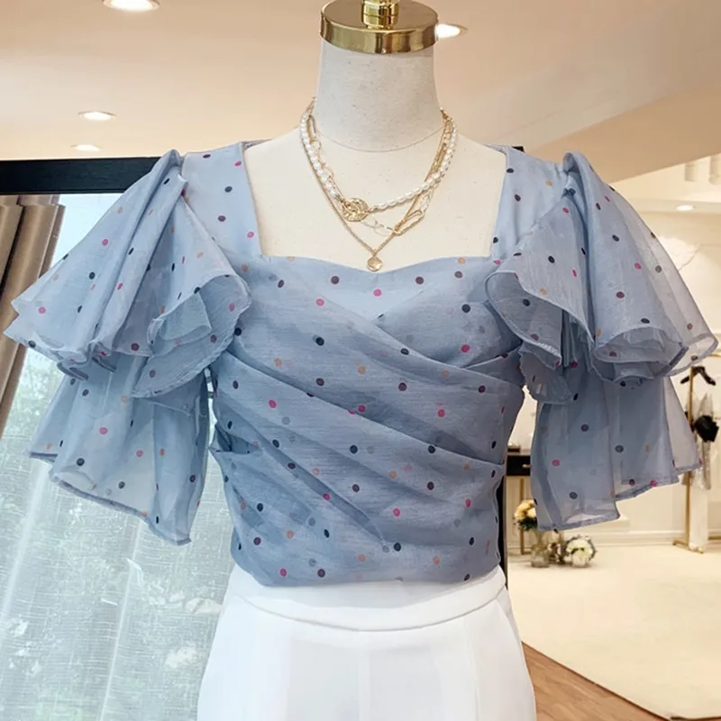 blue TWOTWINSTYLE, сексуальная женская блузка в горошек, квадратный воротник, оборки, рукав-фонарик, тонкий шифон, топы, рубашка, Женская мода, лето - Цвет: blue