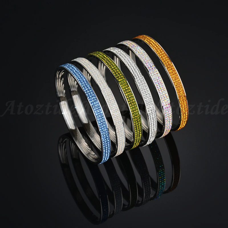 Atoztide Women Fashion 12 Birthstones 3 Rows Line Crystal Bangles Stainless Steel Round Silver Color Colorful Shine Bracelets | Украшения и