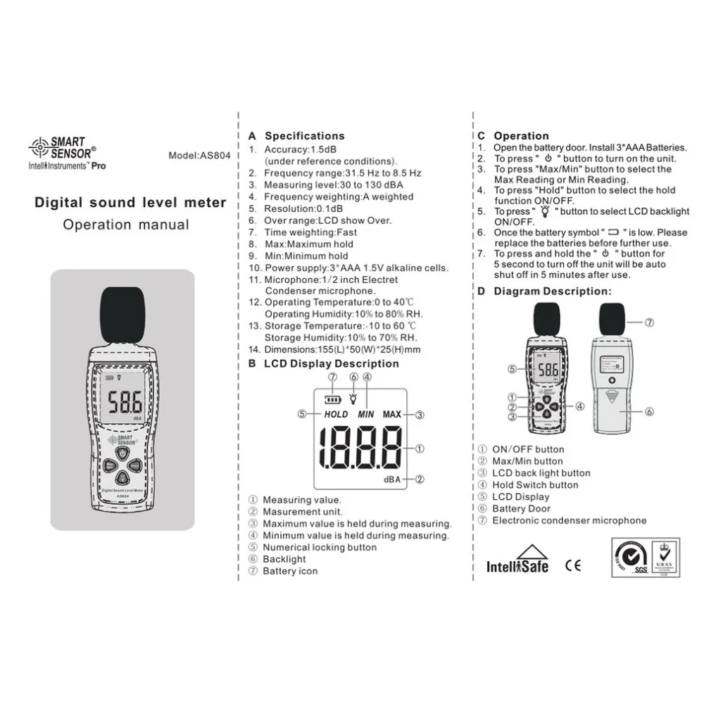 AS804 цифровой уровень звука метр децибел 30d 130dBA диагностический инструмент