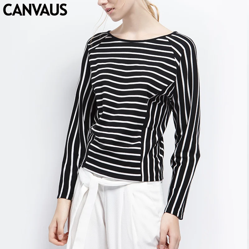 CANVAUS new coming striped pullovers women tops and tees female t shirt with original design o neck YM0164 | Женская одежда