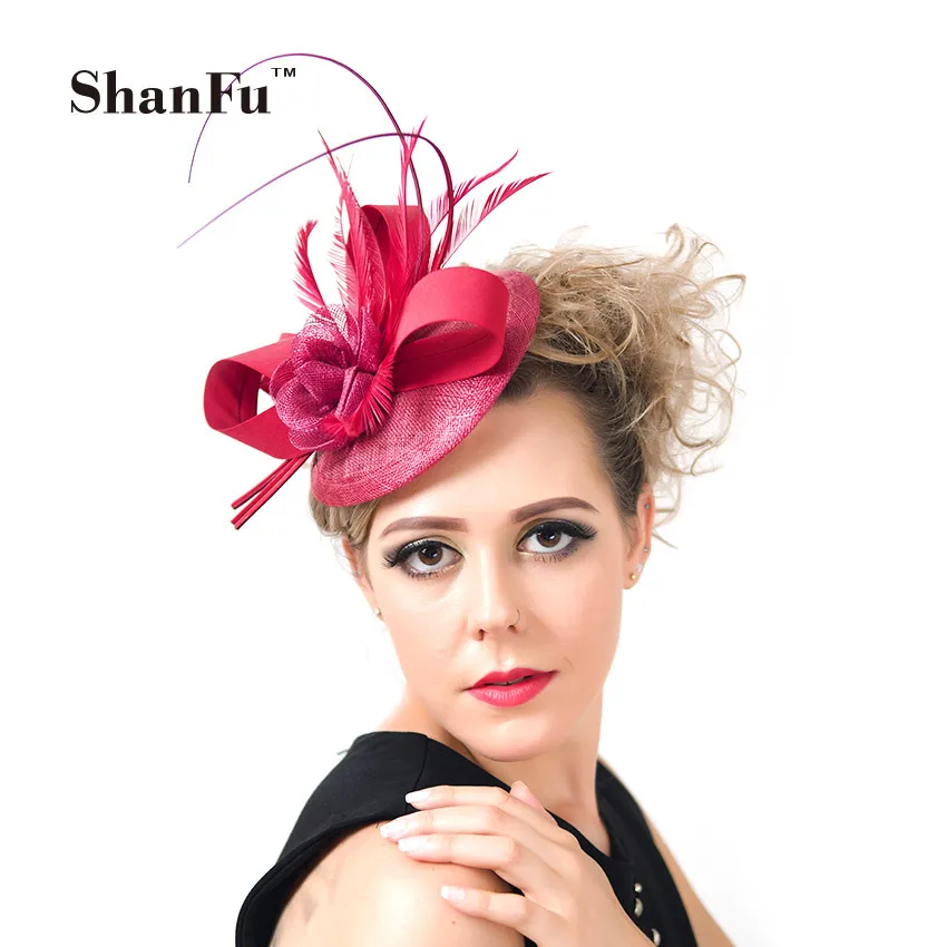 

ShanFu Ladies Elegant Sinamay Fascinators with Feather Wedding Dress Fascinator Hats Red Hair Accessories for Tea Party SFC12370