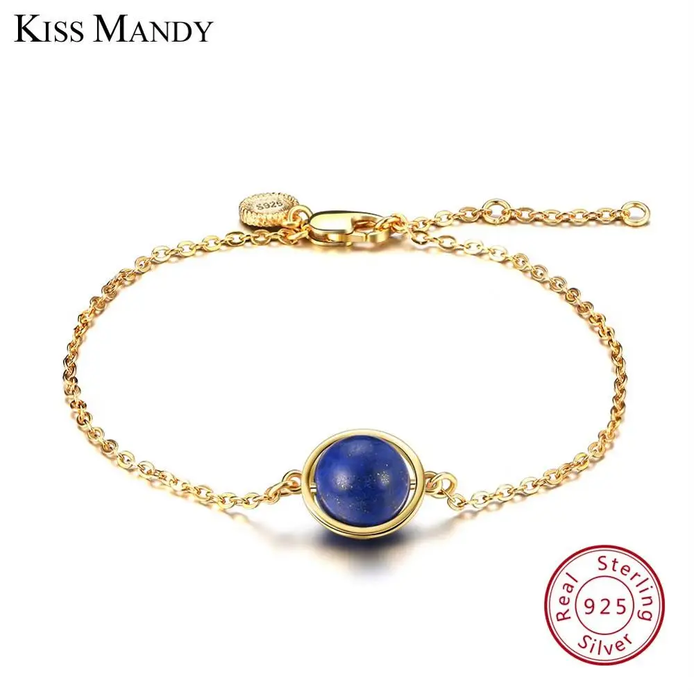 Gold Lapis Lazuli KISS MANDY, настоящее 925 пробы, серебряные женские браслеты, 4 серебряный с натуральным камнем и золотым цветом, Модные женские ювелирные изделия KSB21 - Окраска металла: Gold Lapis Lazuli