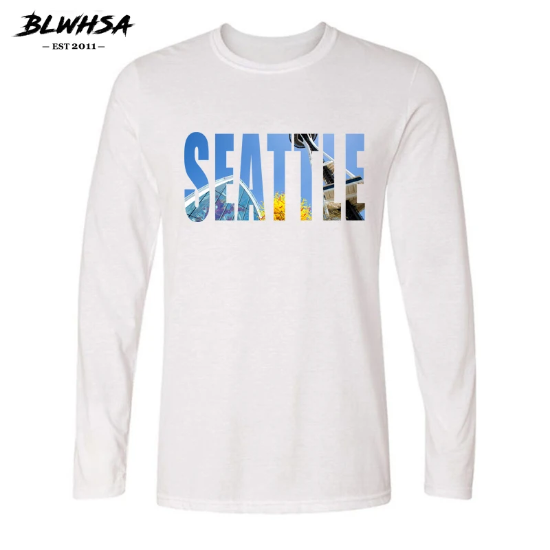 Фото BLWHSA USA City Seattle дизайнерская модная мужская футболка с длинным рукавом и круглым BLWHSA USA City Seattle дизайнерская модная мужская футболка с длинным рукавом и круглым