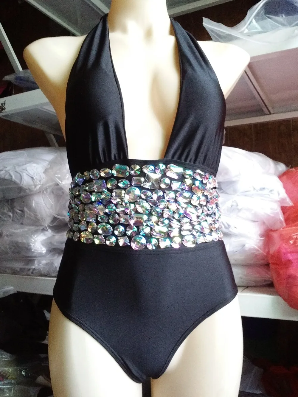 2016 Venus Vacation black mature women high quality nylon spandex rhinestone swimsuit