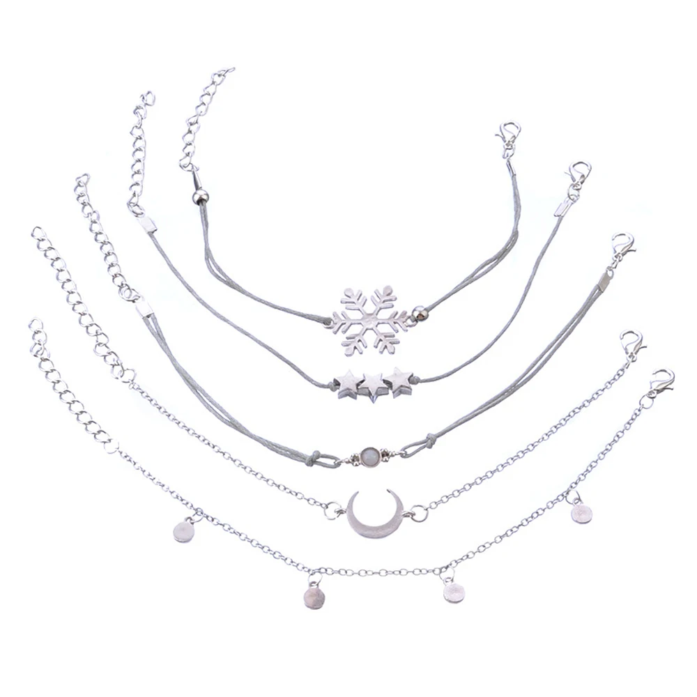 5 Pcs/Set Trend Bangle Snowflake Gems Star Crescent Wafer Chain Bracelet Set Women Exquisite Jewelry Party Accessories Gifts | Украшения и
