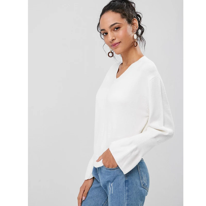 SexeMara 2018 Women White Sexy Deep V Neck Autumn Fall Winter Elastic Slim Sweater Warm Casual Pullovers | Женская одежда