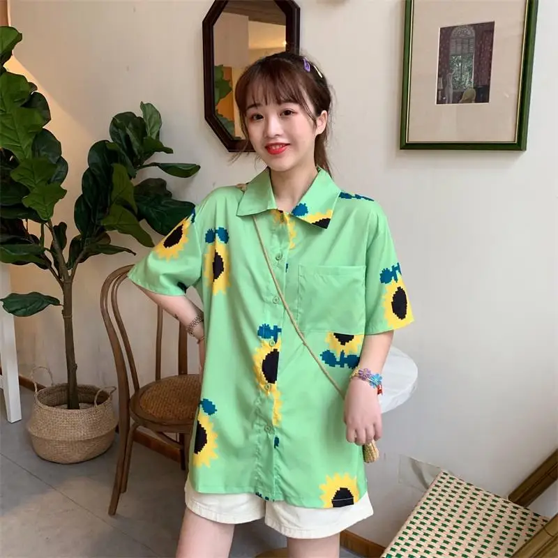 Новая женская летняя рубашка с принтом подсолнуха Свободный Топ коротким