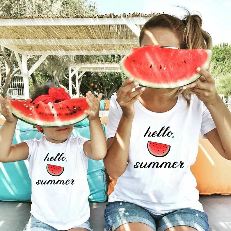 

1pcs Hello Summer Watermelon Matching Mom and Daughter Son Shirts Mommy and Me Summer Casual Family Matching Tshirts Outfits