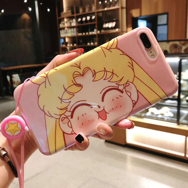 Sailor Moon cover For iPhone 8/7 plus case &amp tempered glass film for 6 6s phone cute girl screen protector +strap |