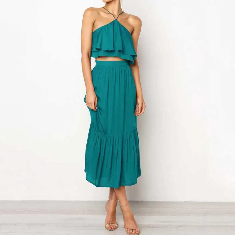 2019 летние Для женщин набор с лямкой на шее открытой спиной юбка Женский комплект 2