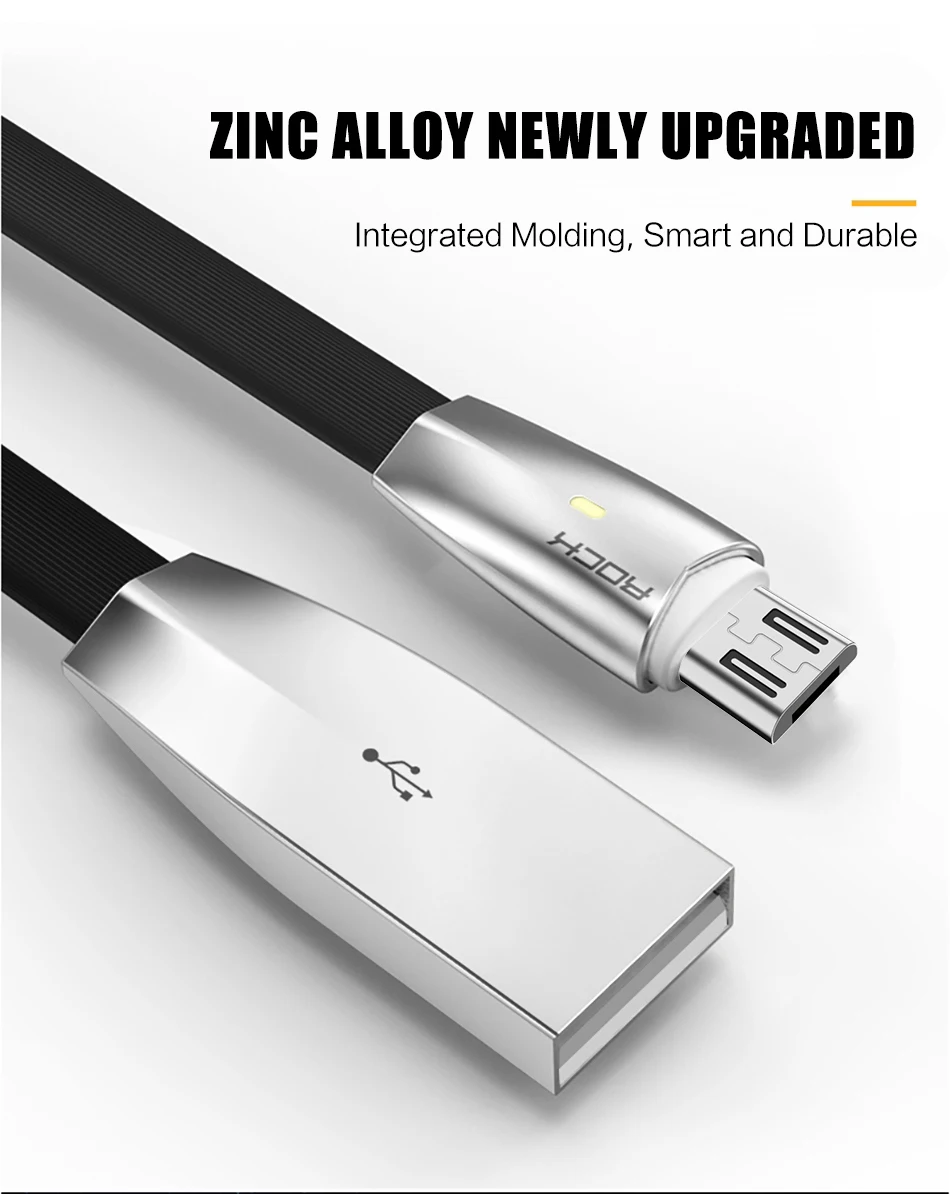3D светодиодный светильник Micro USB кабель, ROCK 2A цинковый сплав светодиодный Micro кабель для Galaxy быстрое зарядное устройство кабель для Xiaomi для huawei