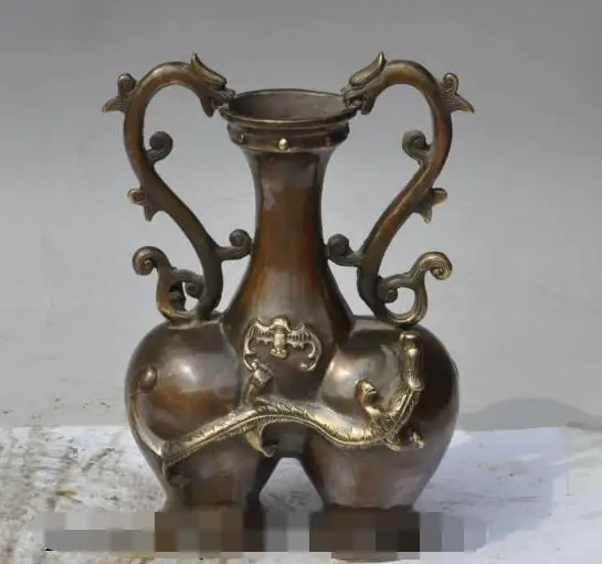 

S00741 9"Chinese fengshui bronze dragon beast bat statue Zun Cup Bottle Pot Vase Jar