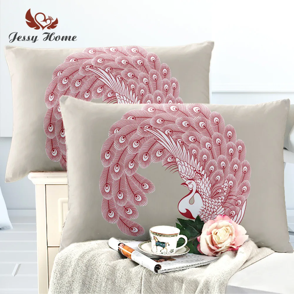 2 шт. бордовая наволочка с павлином акварельная из микрофибры мягкая Цветочная