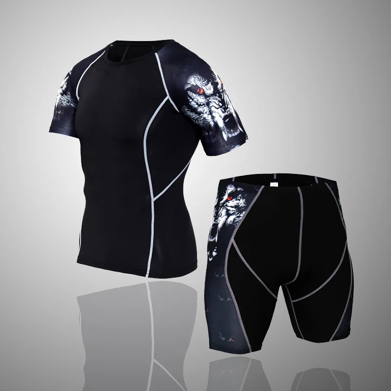 

Quick Dry Compression Suits MMA Short Sleeve Crossfit Men's Running Kit Fitness Tight Sport Men Wolf Skull Anime 3D Sets