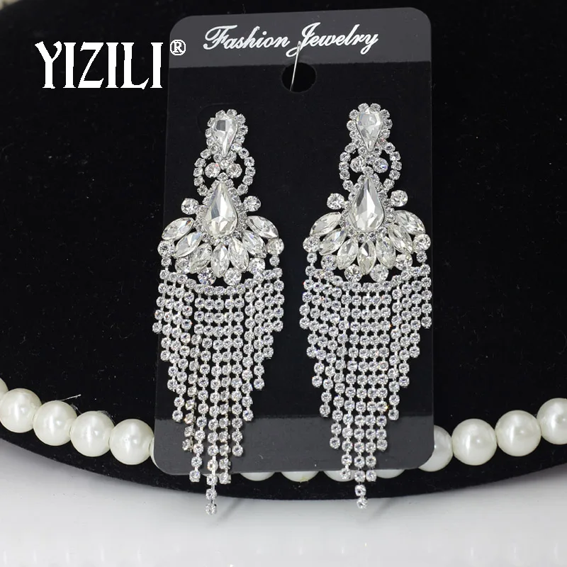 Silver Plated YIZILI роскошные сексуальные длинные висячие серьги с кисточками для женщин, Кристальные блестящие серьги с бриллиантами, Винтажные Украшения с бахромой ye062 - Окраска металла: Silver Plated
