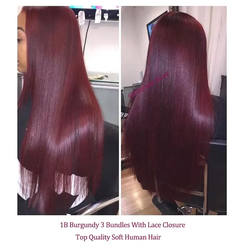 

1B 99J Ombre Bundles With Closure Burgundy Red Hair Brazilian Straight Human Hair 3 Bundles With Lace Closure Pinshair Remy Hair